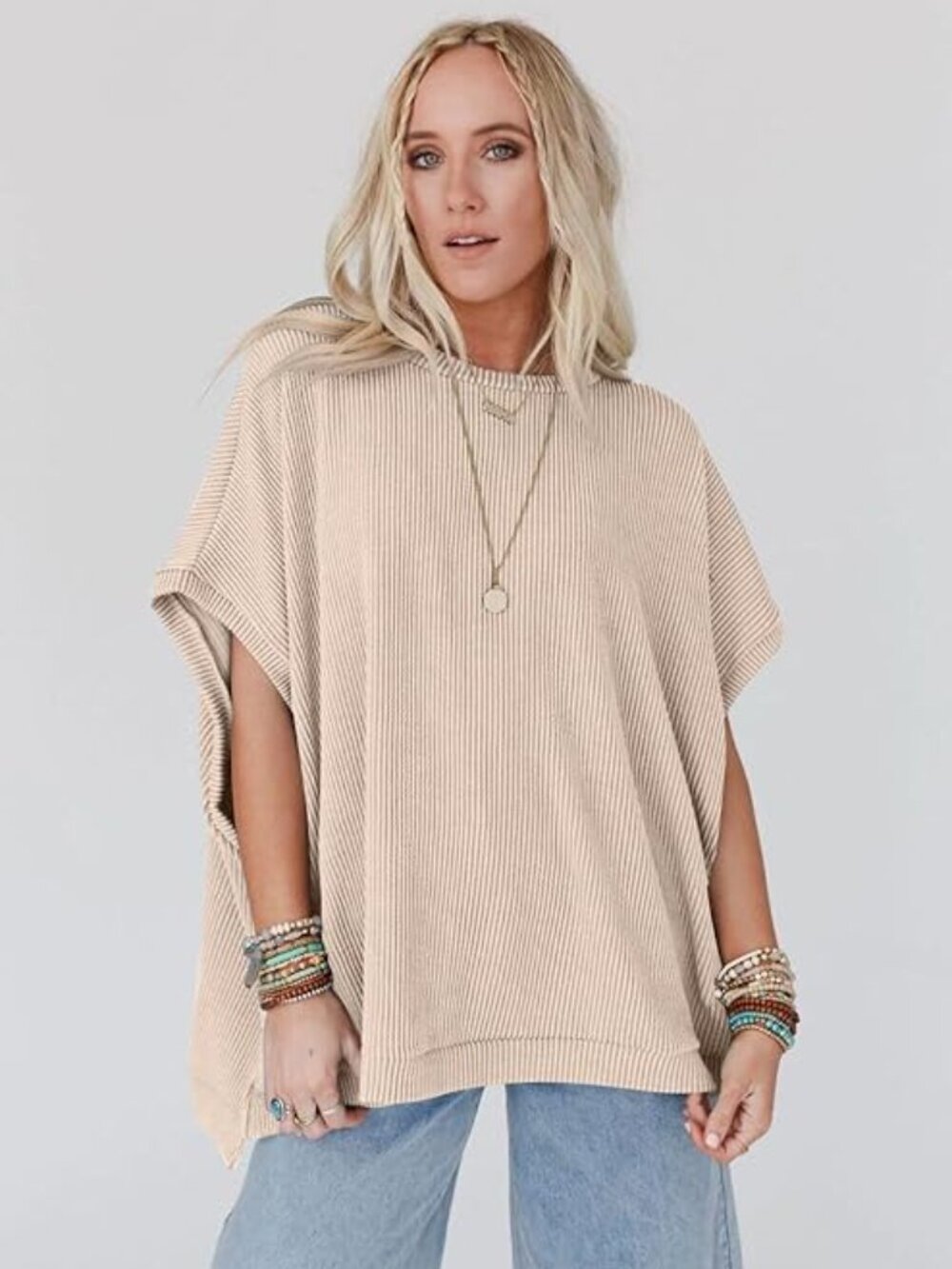 Beige Ribbed Oversized Boxy Top | Medium - Picture 8 of 9